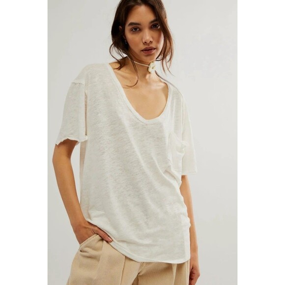 Free People We Are Free All We Need Tee XS NWT Oversized Linen Cotton V Neck - Picture 1 of 11